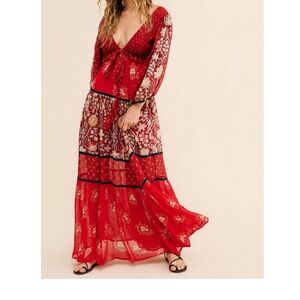 Free People Bali Laurel Maxi Dress Long Sleeve Cut-out Back Red Women's Small